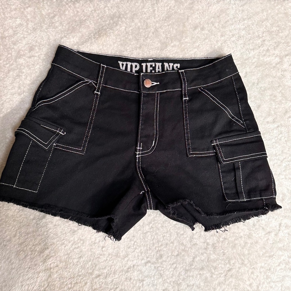 VIP Jeans Black Cargo Shorts White Stitching Frayed Hem Women's Size‎ 3/4